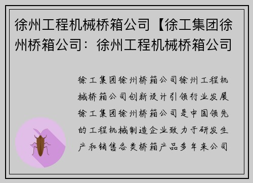 徐州工程机械桥箱公司【徐工集团徐州桥箱公司：徐州工程机械桥箱公司：创新设计引领行业发展】