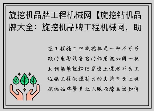 旋挖机品牌工程机械网【旋挖钻机品牌大全：旋挖机品牌工程机械网，助您轻松选购优质设备】